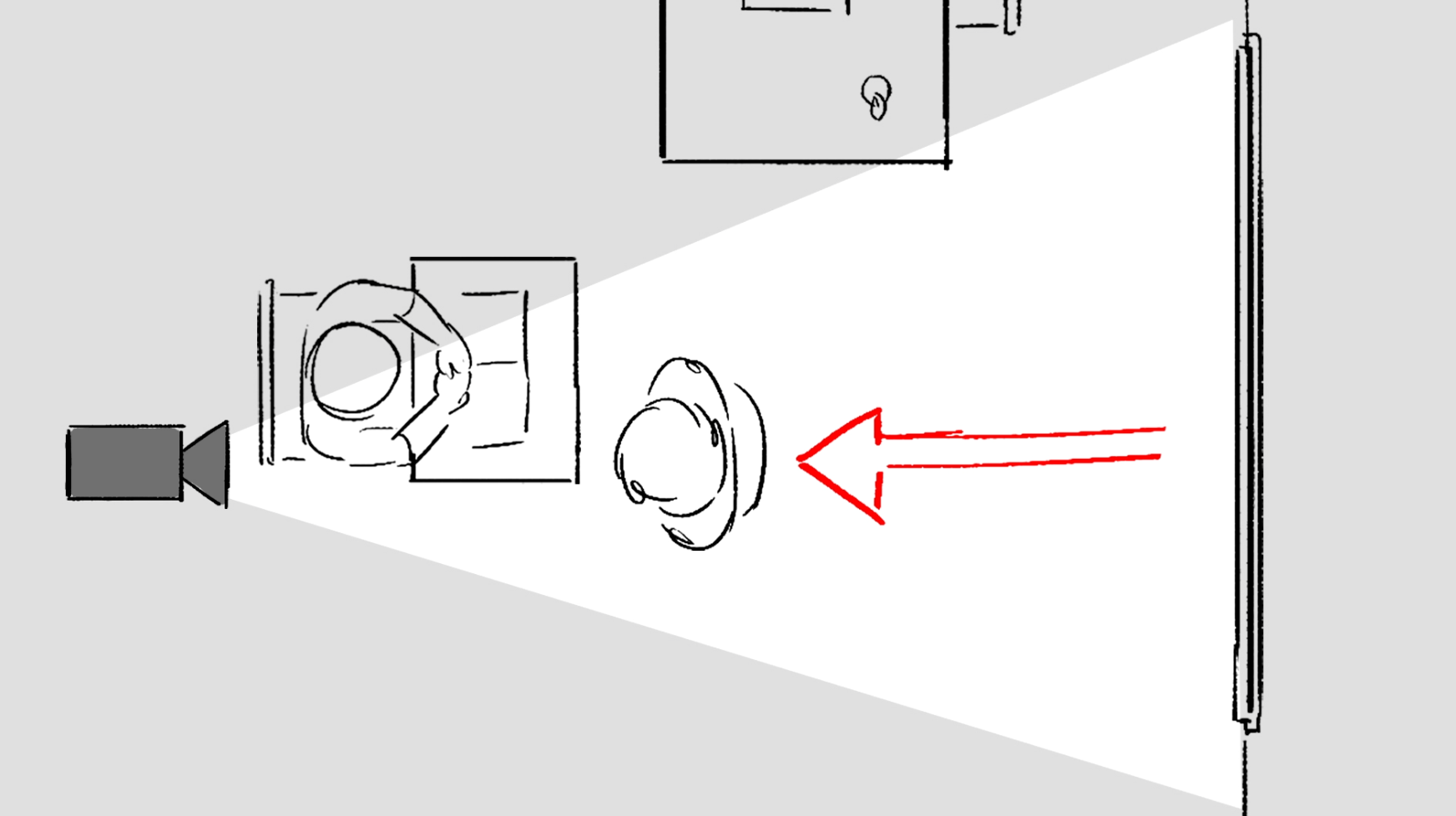 Storyboard image from above showing position of the camera and movement of a character.