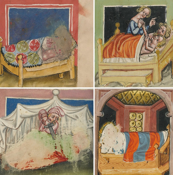 Abraham Making Love to Hagar; Lot’s Incest; Pinehas Kills Simri and Kosbi; Amnon Raping Tamar in Rudolf von Ems’s World Chronicle, about 1400–10. The J. Paul Getty Museum, Los Angeles, Ms. 33, fols. 29, 32, 107v, 194v