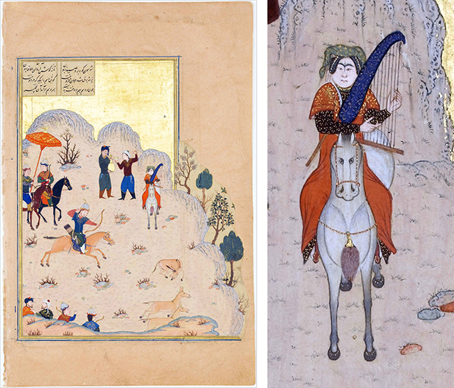 Left: “Bahram Gur’s Skill with the Bow,” fol. 17v from a Haft Paykar (Seven Portraits) of the Khamsa (Quintet) of Nizami, Herat, ca. 1430 (The Metropolitan Museum of Art); right: detail of Fitna playing the harp