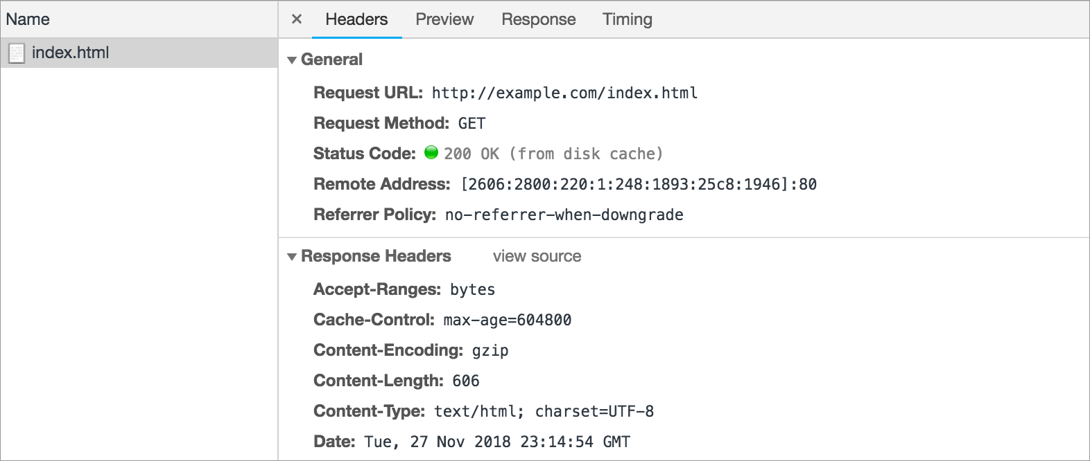 Screenshot of Chrome Developer Tools, "Network" tab. Left-side shows "index.html" selected. Right side shows tabbed interface with "Headers" tab opened. Headers tab has sections for "General" and "Response headers".