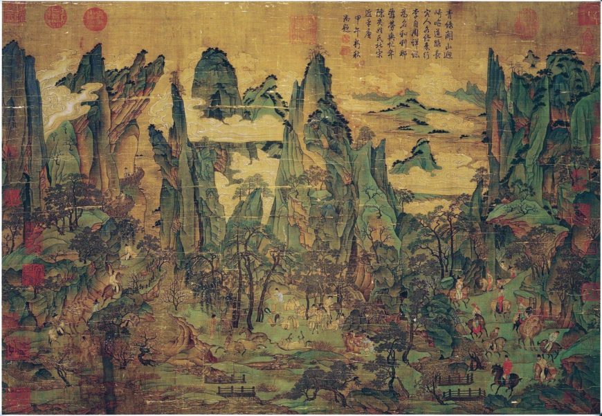 An example of a blue-green landscape. The Emperor Ming Huang Travelling in Shu', a later 11th-century copy of a Tang dynasty original of the 8th century C.E., painted silk (Palace Museum, Taipei)