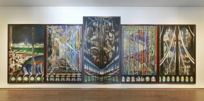 Joseph Stella, The Voice of the City of New York Interpreted, 1920-22, oil and tempera on canvas (five panels), 99.75 x 270 inches overall (Purchase 1937 Felix Fuld Bequest Fund 37.288a-e, Newark Museum of Art)