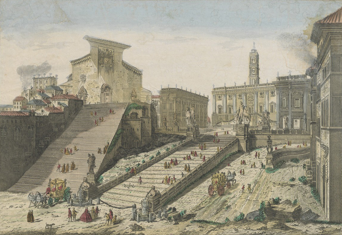Տեսարան Կամպիդոգլիոյից, Հռոմ, Կապիտոլիական թանգարանը՝ աջ կողմից, 1750, տպագրություն, 32 x 41 սմ ([Ֆրանսիայի ազգային գրադարան)