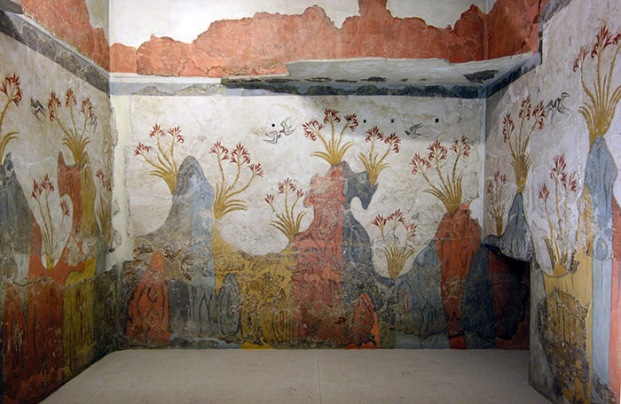 “Spring fresco,” Building Complex Delta, room delta 2, west wall from Akrotiri, Thera (Santorini), Greece, 16th century B.C.E. (National Archaeological Museum, Athens; photo: Steven Zucker, CC BY-NC-SA 2.0)