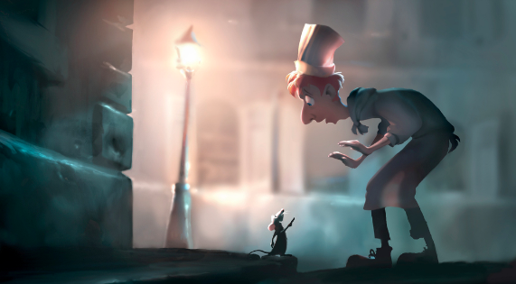 Scene from Pixar's film "Ratatouille" of a rat pointing his finger at a man in a chef hat, outside on a dark corner near a street lamp.
