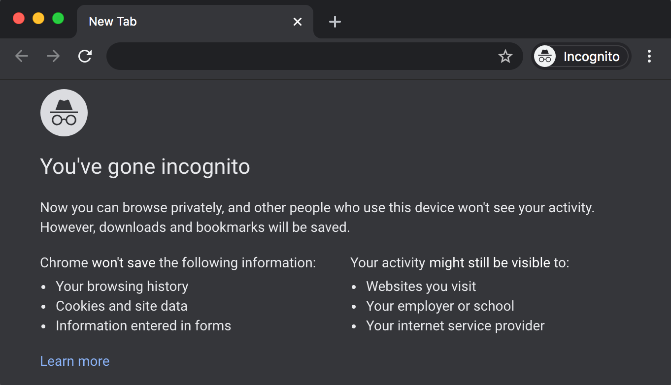 Screenshot of a new incognito mode in the Chrome browser. Includes a description of what will and won't be saved while browsing in that mode.