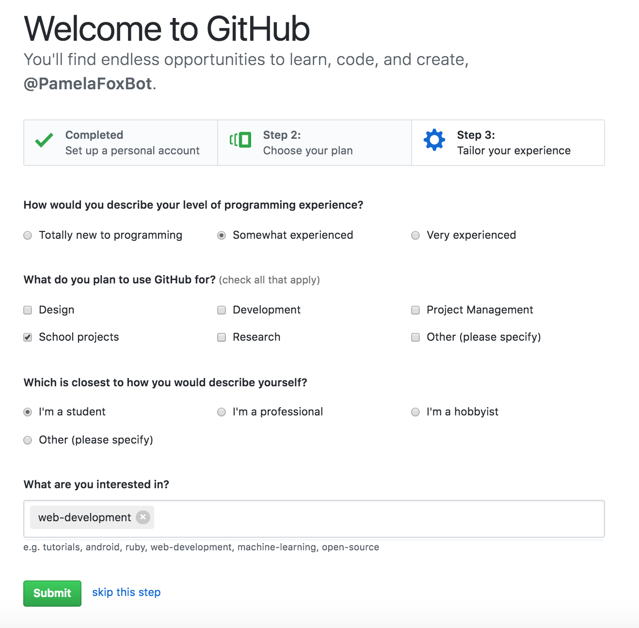 Screenshot of Github sign up process, step 3 survey