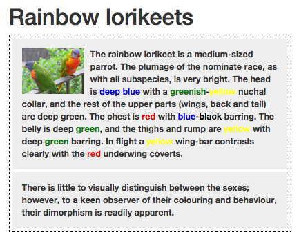 앵무새에 관한 1개의 문단과  각각의 색깔을 칠한 color 이름을 가진 웹 페이지
