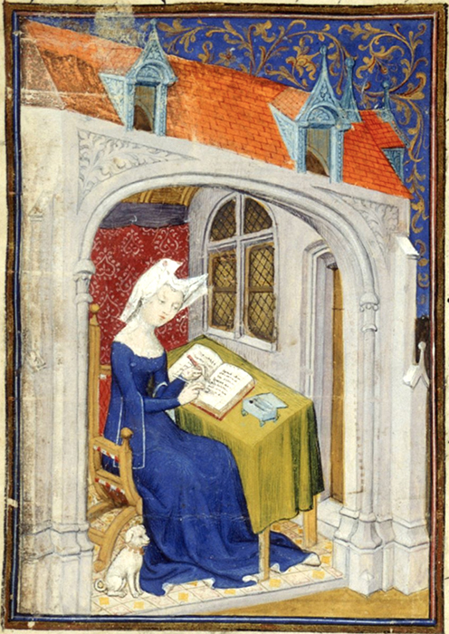 Christine de Pizan in her study (detail), for The Queen’s Manuscript, c. 1410–1414, f. 4r (Harley MS 4431, British Library)