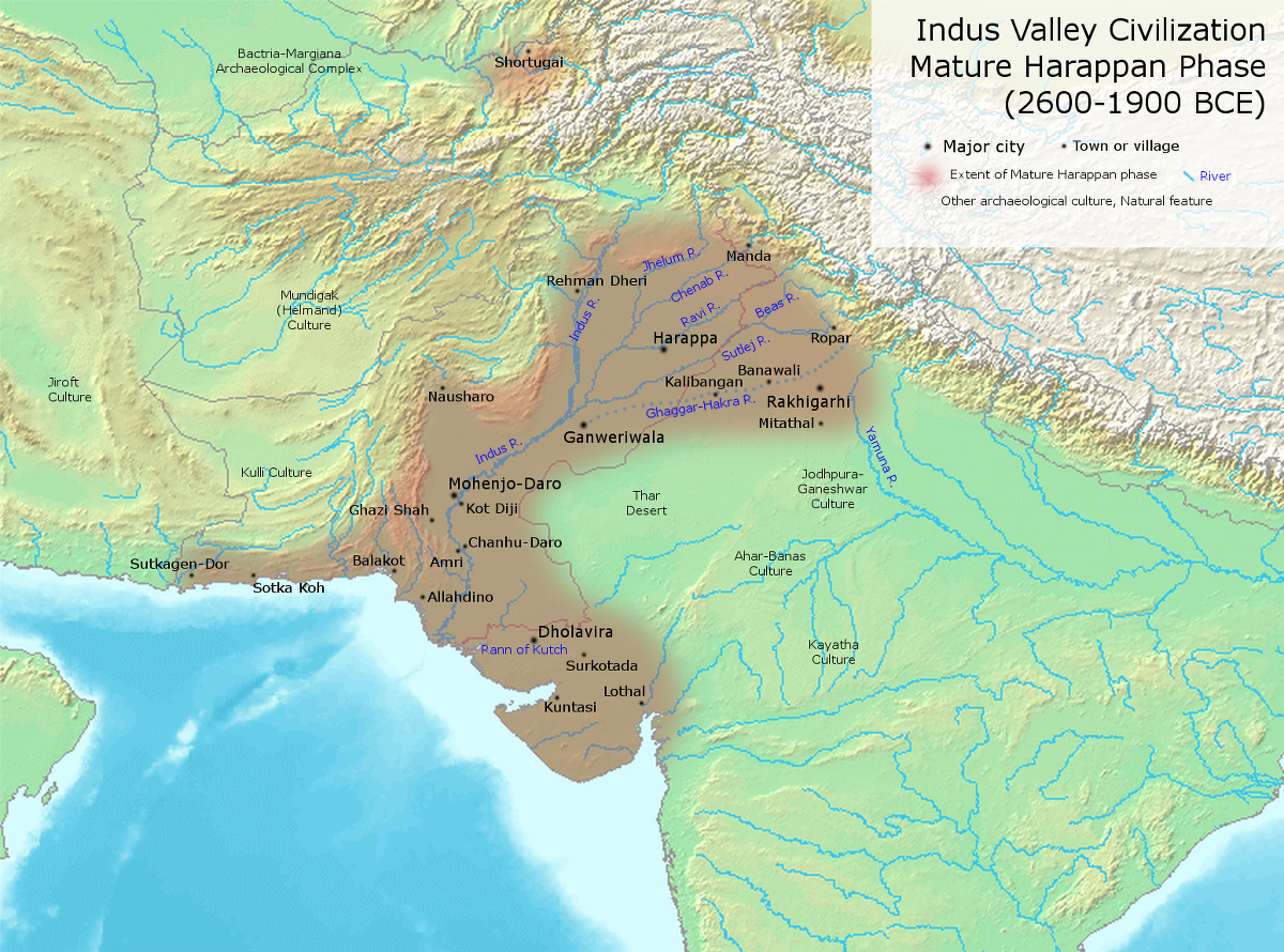 This map shows the extent of the Indus Valley Civilization during the Mature Harappan Phase. Civilization is highlighted in brown in the area of modern-day Pakistan and northern India. The rest of the map is green and is a partial map of India and the area northwest of Pakistan.