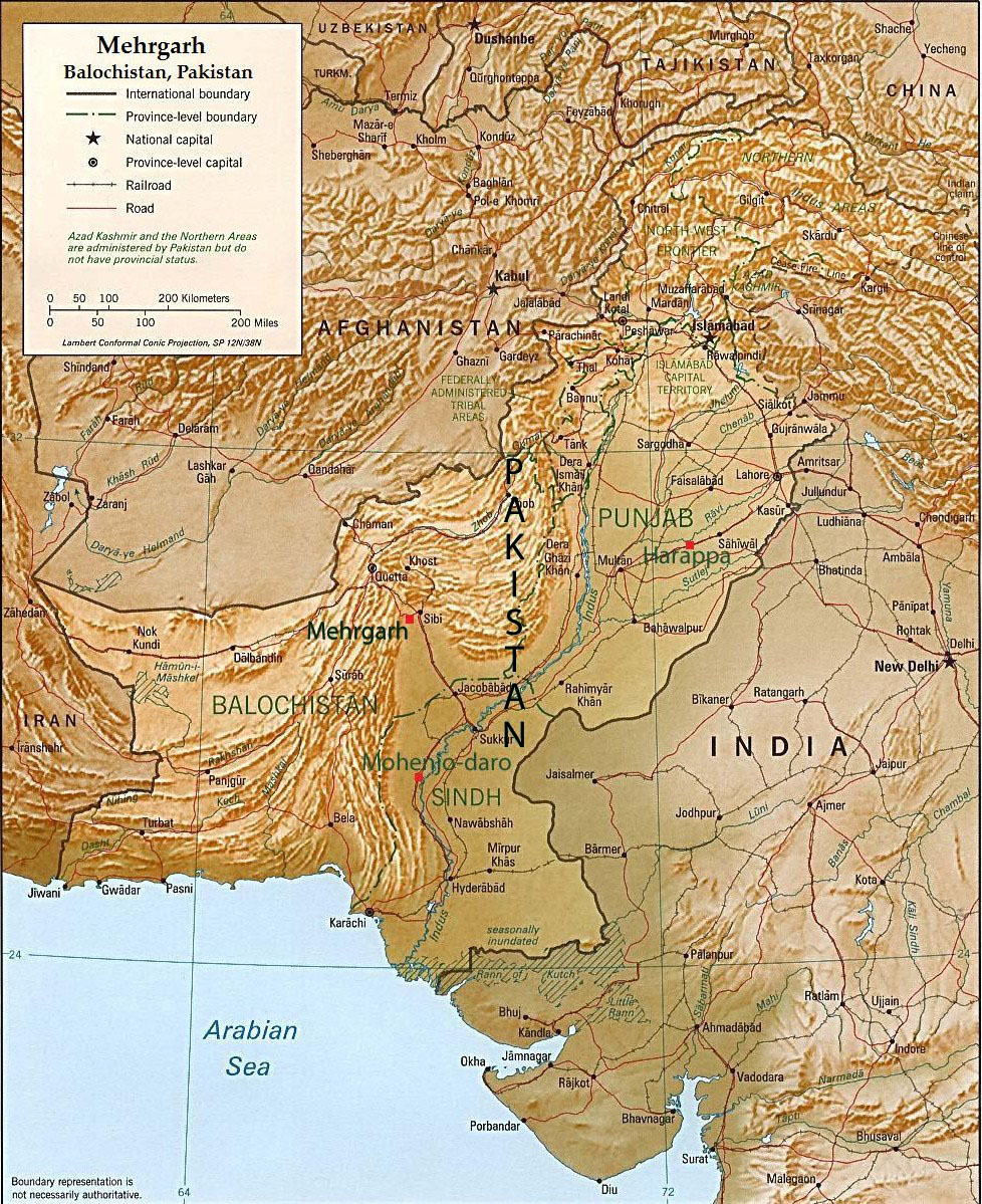 Relief map of Pakistan including the origins of the Indus Valley empire, Mehrgarh, in the foothills of a mountain pass. Map shows Pakistan, Afghanistan, the northwest part of India and Punjab, and part of the Arabian Sea.