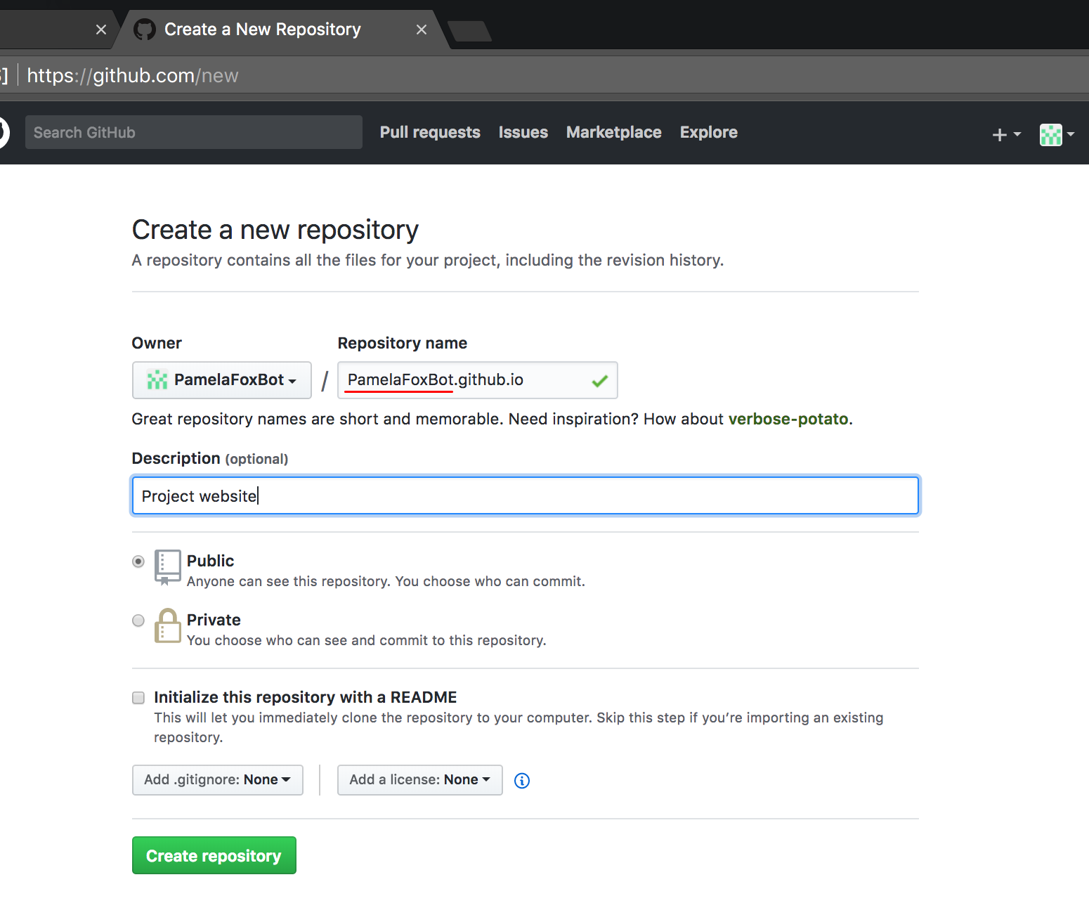 Screenshot of Github interface to create a new project