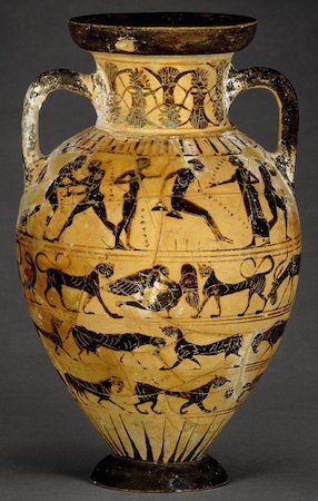 Black-figured 'Tyrrhenian' amphora showing athletes and a combat scene, Greek, but made for the Etruscan market, 540 BC, 42.15 cm, found near Rome © Trustees of the British Museum 