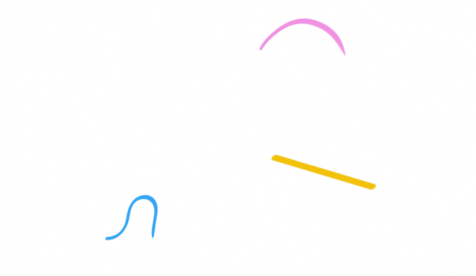 An illustration of three lines: a loopy blue line, a straight thick yellow line, and a pink arc.