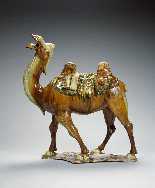 Glazed earthenware figurine depicting a braying camel