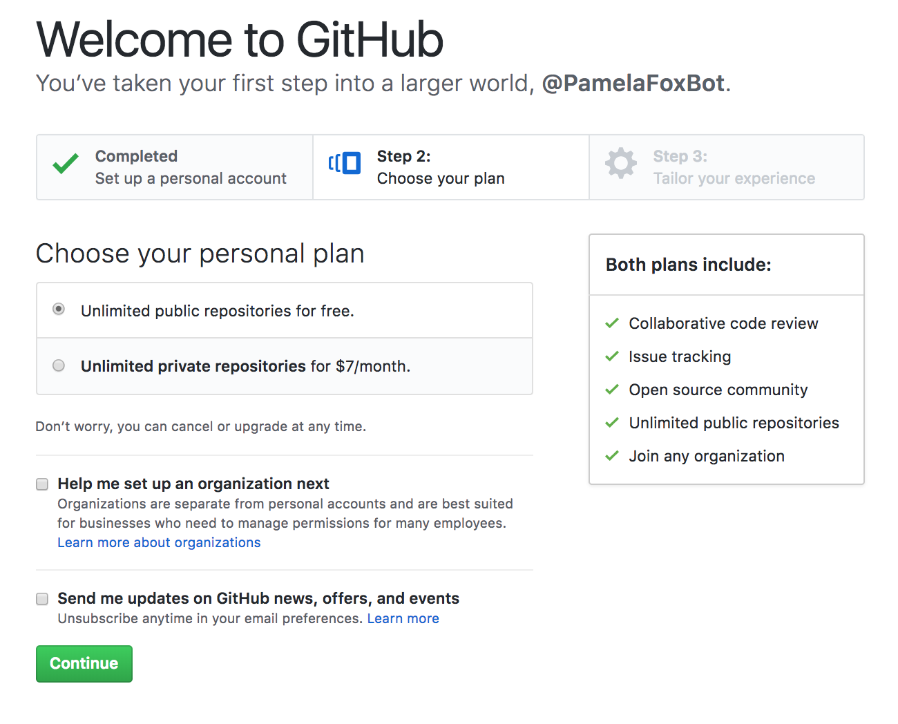 Screenshot of Github signup step 2