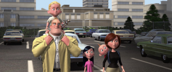 A scene from Pixar's film "The Incredibles" of the family of characters walking in a parking lot and looking very alarmed. 
