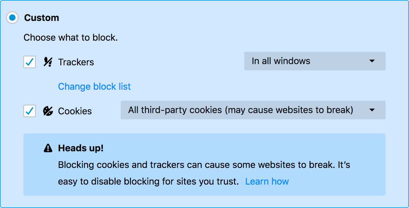 Screenshot of Firefox privacy preferences screen. It says "Choose what to block" and has two checked checkboxes for "Trackers" and "Cookies". Next to the trackers checkbox, there's a dropdown with "In all windows" selected. Next to the cookies checkbox, there's a dropdown with an option selected that says "All third-party cookies (may cause websites to break)".