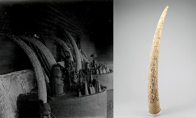 Benin ancestral altars (left), photographed in 1936 (Etnografiska museet, Stockholm) and an altar tusk (right) 1888 – 97, Kingdom of Benin, Nigeria, ivory, 111.8 x 31.5 cm (The Metropolitan Museum of Art)