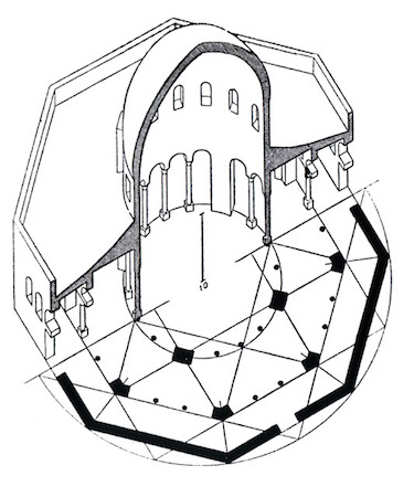 K.A.C. Creswell, Sectional axonometric view through dome, ©Creswell Archive, Ashmolean Museum, Image courtesy of Fine Arts Library, Harvard College Library 