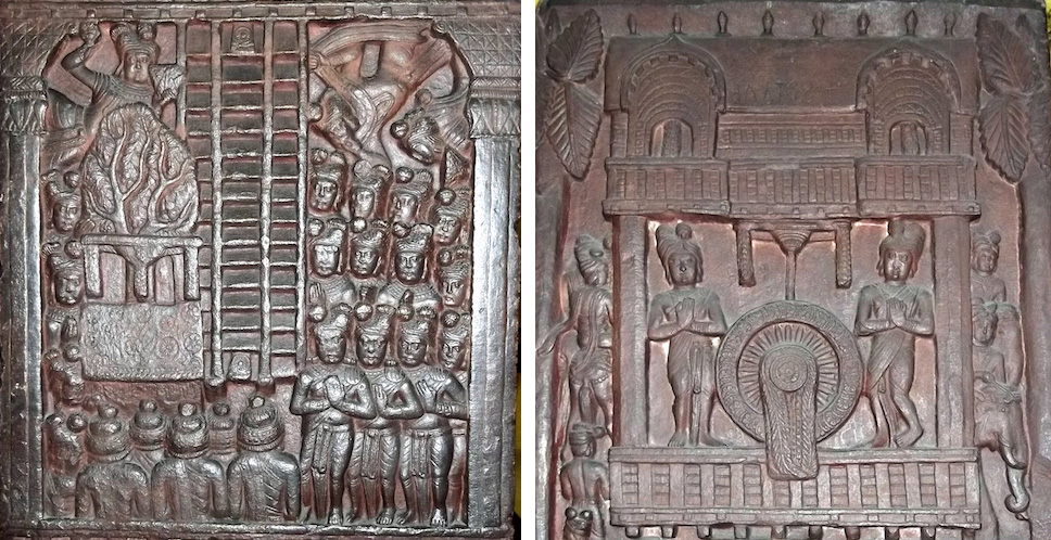 À esquerda: Descida na coluna de Ajatachatru, Bharhut, Madhya Pradesh, Índia. Período Sunga, c. 100-80 a.C., arenito castanho avermelhado e à direita: Roda da Lei na coluna de Prasenadi, Bharhut, Madhya Pradesh, Índia, período Sunga, c. 100-80 a.C., arenito castanho avermelhado (ambos no Museu Indiano, Kolkata) (foto: Anandajoti Bhikkhu, CC BY-SA 3.0).