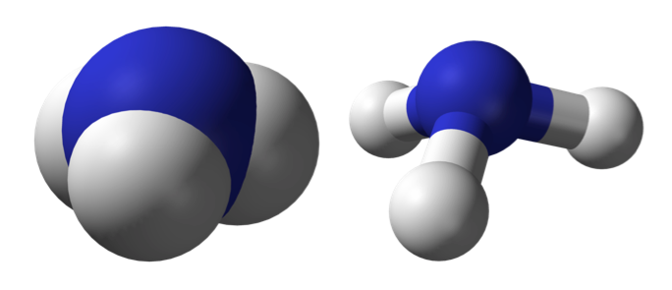 A space-filling model and a ball-and-stick model of ammonia.