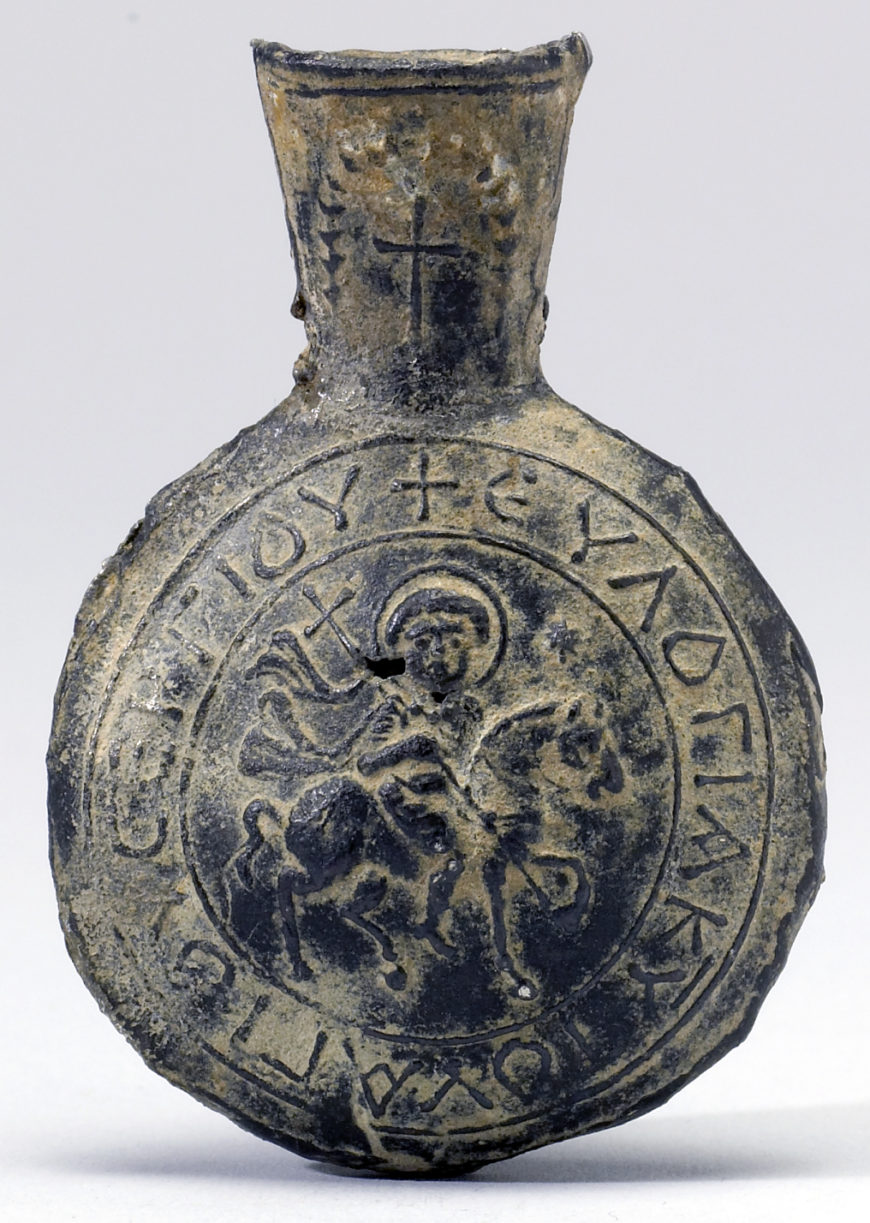 Pilgrim flask with an image of Saint Sergios, 6th–7th century, tin-lead alloy, Rusafah, Syria, 5.4 x 3.81 x 1.59 cm (Walters Art Museum)