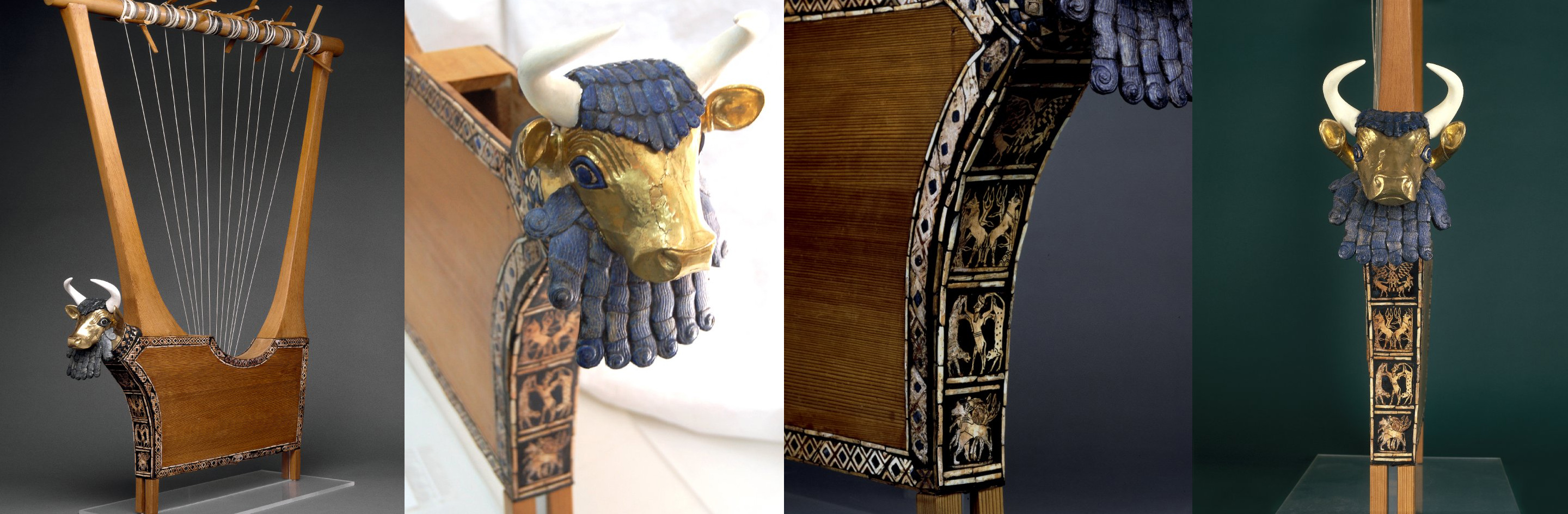 Queen's Lyre (reconstruction), 2600 B.C.E., wooden parts, pegs and string are modern; lapis lazuli, shell and red limestone mosaic decoration, set in bitumen and the head (but not the horns) of the bull are ancient; the bull's head in front of the sound box is covered with gold; the eyes are lapis lazuli and shell and the hair and beard are lapis lazuli; panel on front depicts lion-headed eagle between gazelles, bulls with plants on hills, a bull-man between leopards and a lion attacking a bull; edges of the sound-box are decorated with inlay bands; eleven gold-headed pegs for the strings, 112.5 x 73 x 7 cm (body), Ur © Trustees of the British Museum