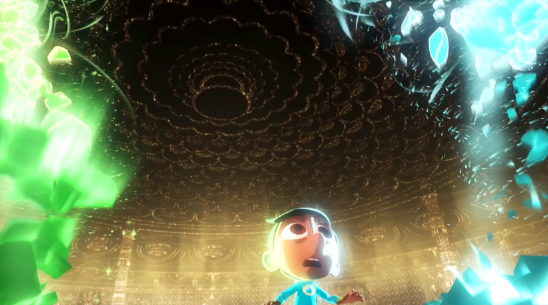 A scene from the Pixar short film "Sanjay's Super Team" with a boy inside a building with magical sculptures.