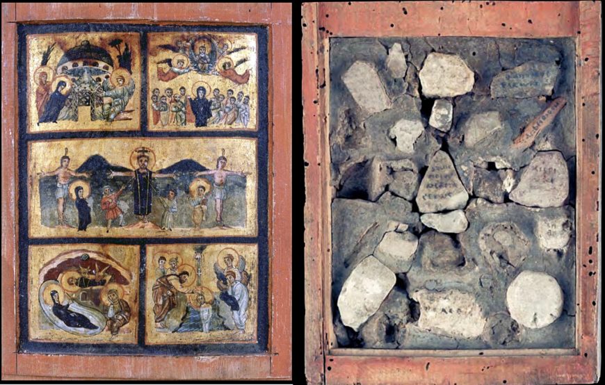 Left: Inside cover of a reliquary box; right: interior of the box with stones from the Holy Land, Syria or Palestine, 6th century, 24 x 18.4 x 1 cm (Museo Sacro, Musei Vaticani). The images painted on the inside of the lid are arranged according to a precise ascending order (from left to right and from bottom to top), in order to form a concise “Christmas” cycle (with the Nativity and Baptism in the Jordan), followed by an equally short “Easter” cycle (with the Holy Women at the tomb and the Ascension), divided by the central scene of the Crucifixion.