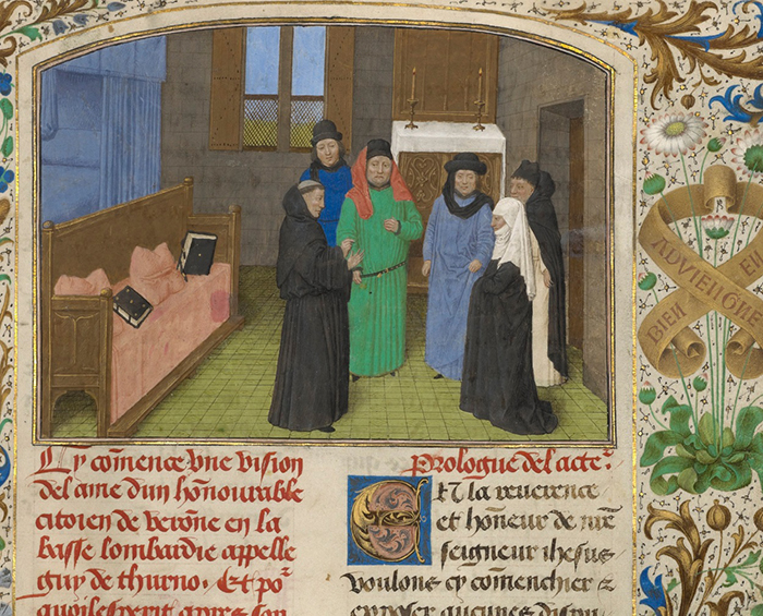 A Priest and Guy’s Widow Conversing with the Ghost of Guy de Thurno (detail) from The Visions of the Soul of Guy de Thurno, 1475, Simon Marmion. The J. Paul Getty Museum, Ms. 31, fol. 7