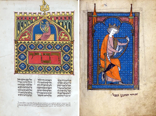David playing the harp. Left: half-page illumination, fol. 302r of a Pentateuch, Germany, early 14th century CE (ca. AM 5060-5085) (British Library, Add MS 15282); right: full-page illumination, fol. 117v of a Miscellany, France, c. 1277–1324 (ca. AM 5038-5085) (British Library, Add MS 11639)