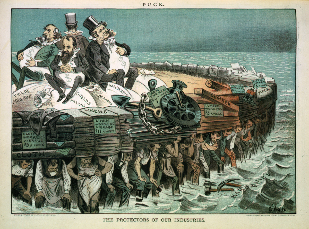 Political cartoon depicting fat businessmen sitting on bags of money while working people struggle under the burdens of their trades, such as clothing, iron, and lumber.