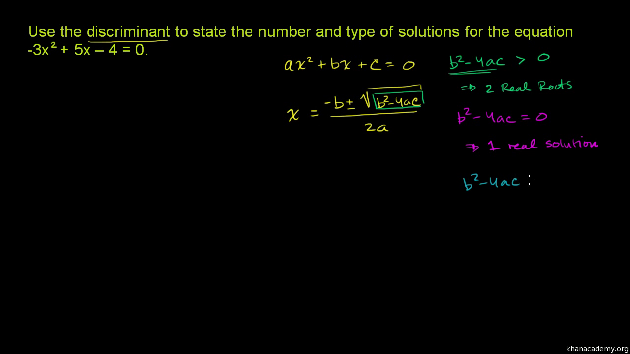 Discriminant for types of solutions for a quadratic (video)  Khan