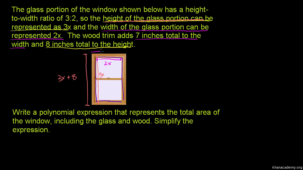 Polynomial word problem: area of a window (video)  Khan Academy With Regard To Polynomial Word Problems Worksheet