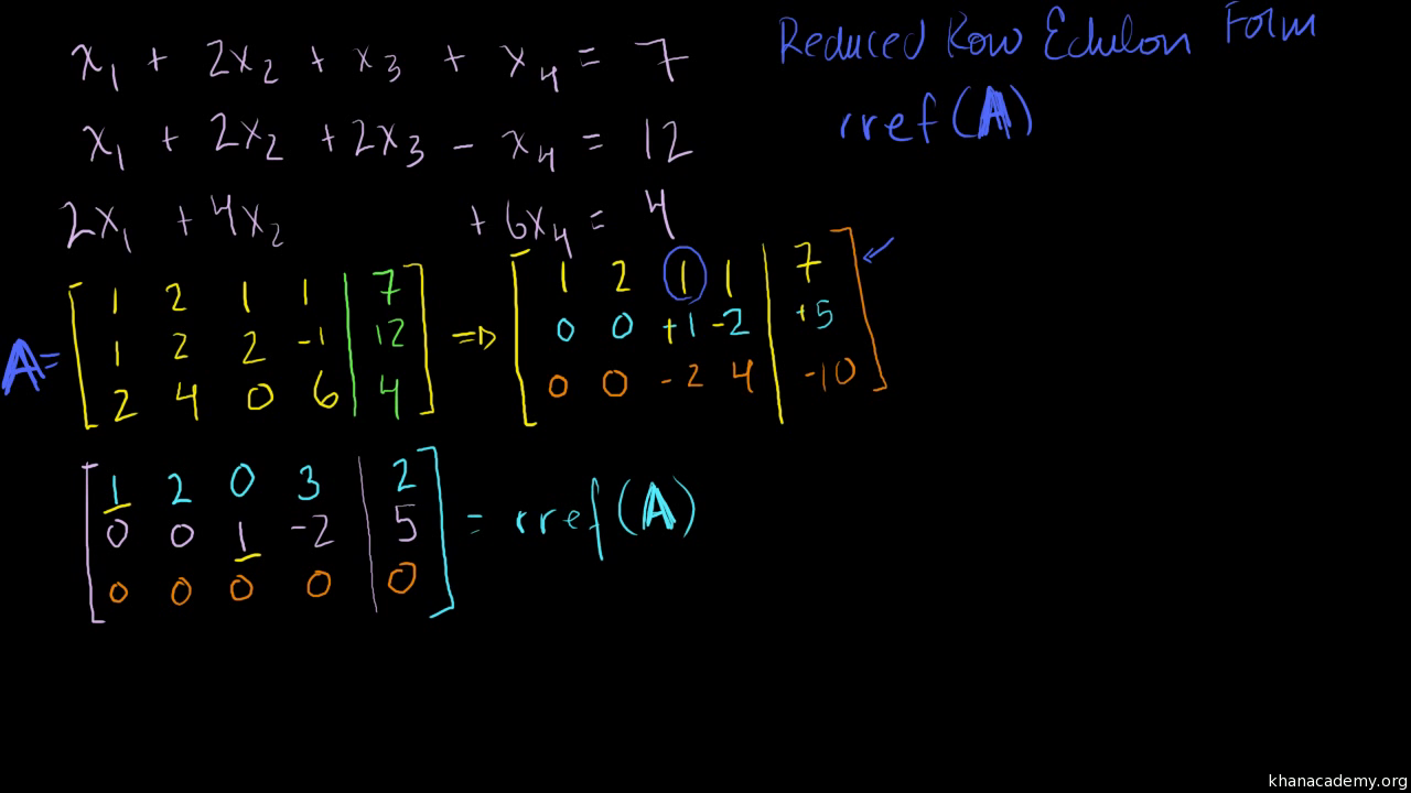 Solving a system of 3 equations and 4 variables using matrix row