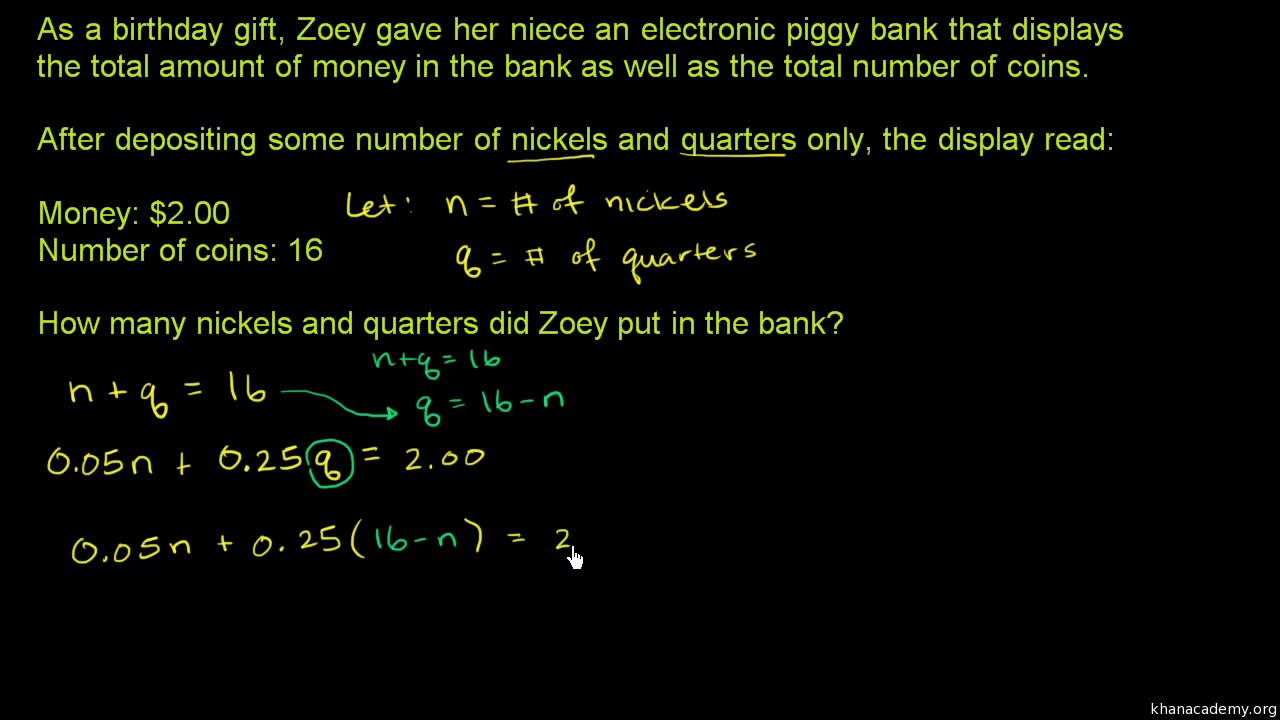 Systems Of Equations With Substitution: Coins (Video) | Khan Academy